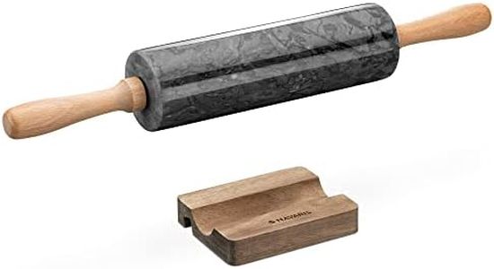 Navaris Marble Rolling Pin and Stand - Set Includes Marble Rolling Pin with Wood Handles and Stand - 8 inch Long Roller Pin for Baking, Dough - Black