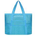 Summer Mesh Shoulder Beach Tote Bags for Toys, Towel, flip flops, Washable & Lightweight, Light Blue