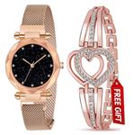 Acnos Metal Premium 4 Colors Magnet Strap Analogue Women's And Girls Watch Sweet Heart 4 Colors Bracelet Combo For Girl's & Women's Watch (Set Of 2) (Rose Gold), Dial_Assorted, Band_Brown