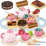 Beberolen Wooden Tea Party Set for Girls 1-3 Pretend Play Toy Toddler Birthday Gift 2-4 Year Old Princess Toys Play Food Sets for Kids Kitchen Accessories
