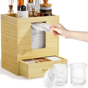 Bamboo Face Towel Holder Dispenser with Drawer Skincare Bathroom Organizer
