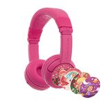 BuddyPhones Play Plus, Foldable Bluetooth Kids Headphones with Microphone, SafeAudio Volume-Limiting 75/85/94dB, Works Wired or Wireless, StudyMode, Answer/Playback Button by Onanoff (Rose Pink)