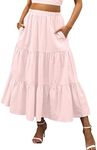 ANRABESS Women’s Summer Boho Flowy Swing Tiered A-Line Midi Skirt 2025 Fashion Trendy Elastic Waist Pleated Long Beach Dress with Pockets Light Pink Large