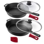 Cuisinel Cast Iron Skillet Set - 2 Pans (10" + 12"-Inch) + Glass Lids - Pre-Seasoned Cookware - 2 Heat-Resistant Holders - Indoor and Outdoor Use - Grill, Stovetop, Fire, BBQ, Induction, Oven Safe
