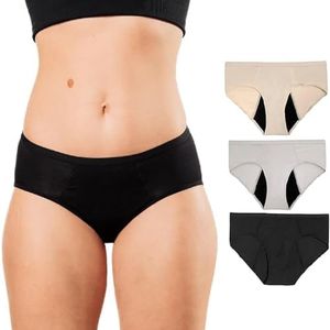 Bambody Absorbent Brief, Super Comfy Period Underwear for Women - Leakproof Period Panties - XX-Small, 3 Pack, Black - Nude - Gray