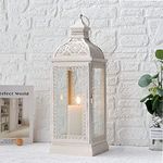 TRIROCKS Rustic Style Metal Candle Lantern 19'' High Decorative Hanging Lantern Candle Holder with Tempered Glass for Christmas Living Room Garden Yard Patio Parties Events Indoors Outdoors(Cream)