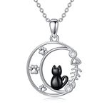 VONALA Cat Necklace 925 Sterling Silver Cute Cat Moon Pendant Necklaces Animal Jewellery Birthday Gifts for Women Girls Cat Lovers