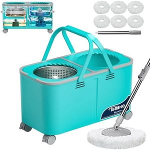 Spin Mop Bucket System with Clean & Dirty Water Separation, Easy Wringing Mop for Pet Owners & Busy Homes, 360° Wheels, Adjustable Handle, Safe for Hardwood, Tile & Laminate Floors, 6 Mop Head -Blue