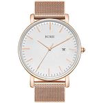 BUREI Men's Fashion Minimalist Wrist Watch Analog Date with Stainless Steel Mesh Band (White Rose Gold)