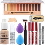 All in One Makeup Set 12 Colors Eyeshadow Palette Matte Foundation Face Primer, 3 Colors Liquid Lipstick, Eyebrow Soap, Winged Eyeliner Stamp, Makeup Brush, Makeup Sponge, Makeup Set (Set A)