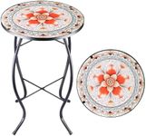 Patio Side Table Outdoor Mosaic Table Accent Coffee Table,Plant End Table Small Porch Pink Floral Table Indoor,Round Glass Balcony Small Porch Plant Table Stands for Garden Patio Living Room 14 Inch