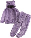 Flygo Girls Fuzzy Pants Set Crop Hoodie Bear Ear Two Piece Outfits Fluffy Sweatshirt and Fleece Pants Sweatsuit 11-12Y (Purple-Large)