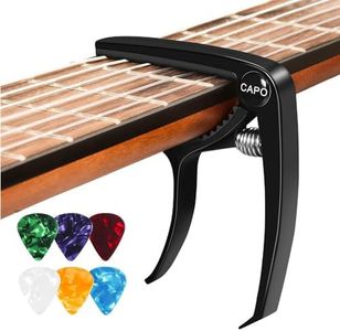 Guitar Capo with 6 Plectrums Picks for Acoustic and Electric Guitar, Ukulele, Mandolin and Banjo Metal Capo (C-Black)