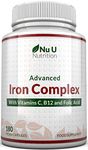 Gentle Iron Supplement for Women & Men - 180 High Strength Vegan Capsules - with Vitamin C, B12 & Folic Acid - 6 Month Supply - from Ferrous Fumarate - Made in The UK - Nu U Nutrition