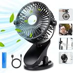 USB Desk Fan, 3 Speeds Strong Desk Fan, Strong Airflow with 360° Rotation,Rechargeable Portable Fan with Sturdy Clamp, Clip on Fan for Home, Stroller, Office, Outdoor,Tent, Treadmill (Black)