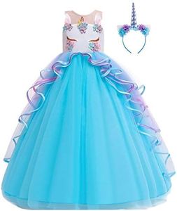 HIHCBF Girls Unicorn Costume Pageant Princess Party Dress Wedding Birthday Halloween Carnival Long Maxi Gown w/Headband Blue 6-7T