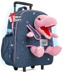 Naturally KIDS Dinosaur Backpack - Dinosaur Toys for Kids 3-5 - Kids Suitcase for Boys Girls w Stuffed Animal - Gifts for 7 Year Old Boy - w Pockets & Reflective Logo - Rolling Backpack w Pink T Rex