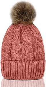 Whiteleopard Kid Beanie Hats Lining Pom Pom for Children -Slouchy Cable Knit Toddler Skull Hat Baby Ski Cap for Girls Boys (Pink)
