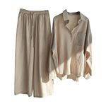 Airport Outfits for Women 2024 Summer 2 Piece Cotton Linen Sets Long Sleeve Buttons Shirts Wide Leg Pants Suits