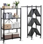 Fenbeli 4 Tier Storage Shelf with Wheels - Metal Collapsible Shelving Unit Display, Heavy Duty Folding Shelves, No Assembly Organizer Rack for Garage Kitchen, Basement, Pantry (Black, 4 Tier)