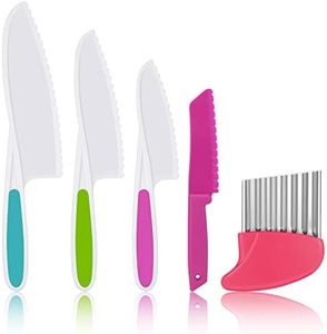 AKlamater 5PCS Kitchen Safety Knives for Kids, Children's Cooking Knives in 4 Sizes, Plastic Cutting Board Grip Serrated Edges for Vegetables Fruits Salad Cake(Pink)