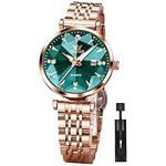 OLEVS Women Watch Fashion Rose Gold Diamond Analog Quartz Female Watch for Women Luxury Dress Ladies Stainless Steel Luminous Waterproof Date Wrist Watches (Rose Gold Watches with Green dial)