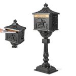 TANGZON Cast Aluminum Mailbox, Outdoor Heavy Duty Lockable Security Postbox with 2 Keys & Baffle Door, Vertical Weatherproof Decorative Retro Mid-Century Letterbox Parcel Delivery Box (Black)