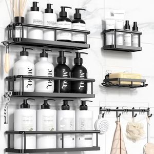 YASONIC Shower Caddy - 6 Pack Rustproof Shower Organizer with Large Capacity Shelves, Soap Holder, 12 Hooks and Adhesive Storage, Black