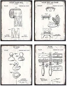 Vintage Bathroom Wall Art Decor Patent Print Set - 8x10 Rustic Farmhouse Decoration for Restroom, Guest Bath, Powder Room, Rest Room - Cool Unique Gag or Housewarming Gift - UNFRAMED Poster Print