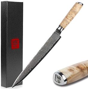 YOUSUNLONG Yanagiba Sashimi Knife 10 Inch - Japanese Damascus Steel Hammered Texture & Double-Edged Blade for Sushi & Fish Slicing, Burl Wood Handle & Sheath - Gift for Chefs