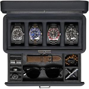 ROTHWELL 4 Slot Leather Watch Box with Valet Drawer - Luxury Watch Case Display Jewelry Organizer, Locking Watch Display Case Holder with Real Glass Top - Watch Box Organizer for Men & Women (Carbon)