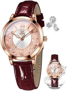 OLEVS Womens Watch Leather Dark Red Dress Ladies Watches Diamond Watches for Womens Analog Quartz Leather Waterproof Quicksand Large Face Rose Gold Two Tone Women Wrist Watch reloj de Mujer