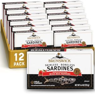 Brunswick Wild Caught Skinless and Boneless Sardines, Served in Olive Oil with Mild Red Peppers, 4.4 Oz (Pack of 12)