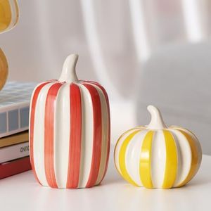 WDS WONDROUS Ceramic Pumpkin Indoor Home Decorations, Set of 2 Tabletop Decor, Modern Fall Table Runner, Artificial Pumpkin Figurine for Mantel,Shelf,Coffee Table,Office(Red,Yellow,White Stripe)