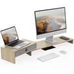 FENGE Dual Monitor Stand Riser with Drawer - 3 Shelf Screen Laptop Stands,Adjustable Length and Angle Desktop Laptop Stand,Office Organizer,Printer,Oak