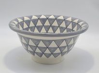 Large Hand Painted Triangle Grey and White Moroccan Ceramic Bathroom Sink Basin - Round, Painted Inside Out - White Clay Ø40 H 16 cm