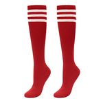 Women Knee High Socks Cotton Triple Striped Stockings Athletic for Baseball Sports Halloween Costume Christmas, Red, One Size