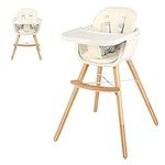 KOTEK Baby High Chair, 3 in 1 Convertible Wooden Highchair with 3-Position Adjustable Food Tray, Adjustable Seat Height, 5-Point Harness, PU Cushion and Footrest, Infant to Toddler Dining Chair (Beige)