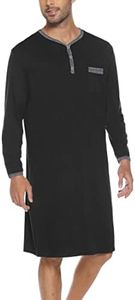 Chemise de Nuit Homme Coton Pyjama Manches Longues Hauts de Pyjama Homme Tee-Shirt Long Col V avec Boutons Vêtements d'Intérieur T-Shirt Grande Taille Douce Confortable Noir-A M