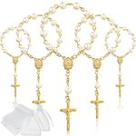 Junkin 30 Pieces Baptism Rosary Acrylic Rosary Beads Ivory Color Mini Finger Baptism Rosaries Faux Pearls with Organza Bags for Christening Weddings Party Favors (Gold)