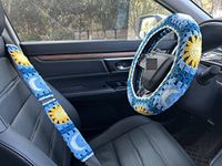 Handmade Crochet Sun and Moon Car Steering Wheel Covers Universal 14-15 inch for Women and Men (Steering Wheel Cover+2 Belt Cover)