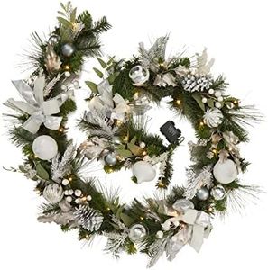 Fashionwu Large Lighted Christmas Garland with Lights, 9 ft Sliver Pre-lit Christmas Garland with Ball Ornaments Holly Leaves, Xmas Pine Garland for Christmas Front Porch Mantle Home Decorations