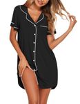 Ekouaer Nightgowns for Women Button Down Sleepshirt Short Sleeve Nightshirt Boyfriend Pajamas V Neck Nightdress Black S