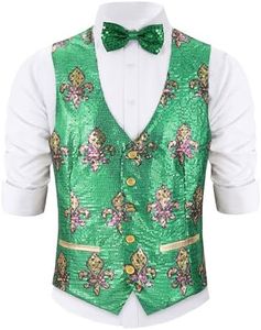 Pixiemain Unisex Green Sequin Vest For Madi Gras Party Formal V-neck Shiny Waistcoat Bowtie Set for Carnival