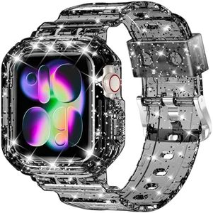 XYF Compatible for Crystal Clear Apple Watch Bands, 46mm Series 11 10 Bumper Case for Men Women Jelly Sport Cover Strap for iWatch Ultra 3 2 Series 11 10 9 8 7 SE 6 5 4 3 (Glitter Black, 46)