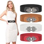 LEACOOLKEY 4 Pieces Women Stretchy Wide Waist Belts Chic Stylish Elastic Cinch Belt Ladies Vintage Elegant Stretch Wide Cinch Belt For Dress (Suitable for waist 34''-41'',Black+Brown+White+Red)