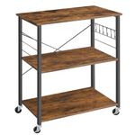 VASAGLE Kitchen Shelf on Wheels, Serving Cart with 3 Shelves, Kitchen Cart, Microwave Shelf, for Mini Oven, Toaster, with 6 Hooks, Industrial Style, Rustic Brown and Black UKKS067K01