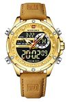 NAVIFORCE Men's Military Digital Watches Japanese Quartz Movement Analog Quartz Waterproof Watch Sport Multifunctional Leather Wristwatch (Gold), GOLD, Digital,Quartz Movement