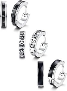 Adramata 3 Paia Orecchini Uomo, Orecchini Uomo Cerchio in Acciaio Inossidabile Rune Vichinghe Rune Celtiche Orecchini per Uomini Donne Ipoallergenico, diametro interno 12mm
