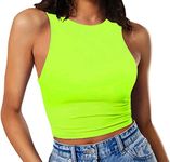 Artfish Women's Sleeveless Cropped Shirts High Neck Stretchy Fitted Basic Crop Tank Top, Neon Green, Large